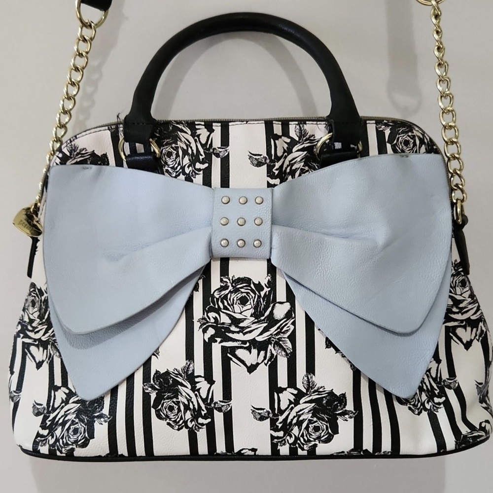 Betsey Johnson Striped Floral Satchel Crossbody with Blue Bow Preloved
